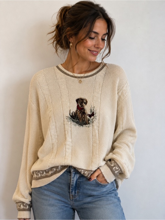 Vintage Sweaters - Vintage Cream Crewneck Sweater with Puppy Motif size large